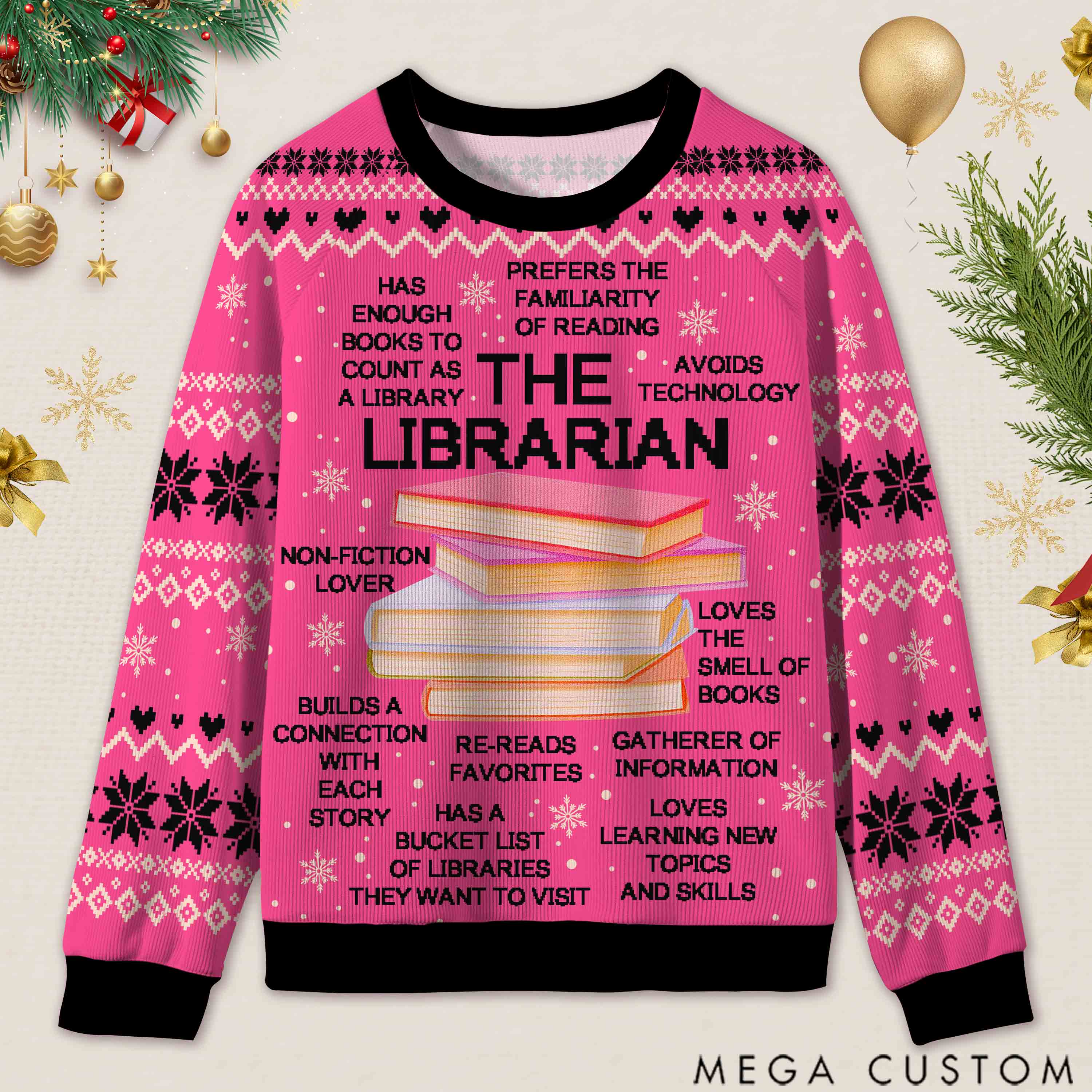 Personalized Librarian Book Spirit Ugly Sweater Holiday Gift for Librarians