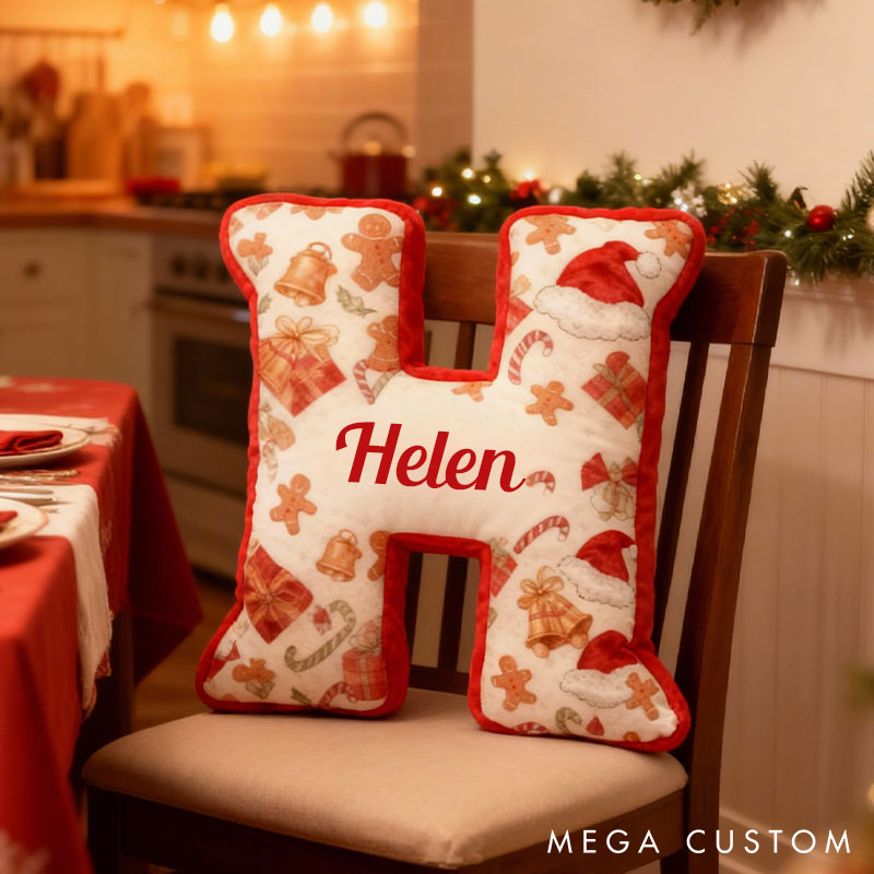 Personalized Christmas Letter Pillow Gingerbread Man Bell Christmas Gift Pattern Pillow Custom Holiday Vibes Throw Pillow Christmas Gift Pillow