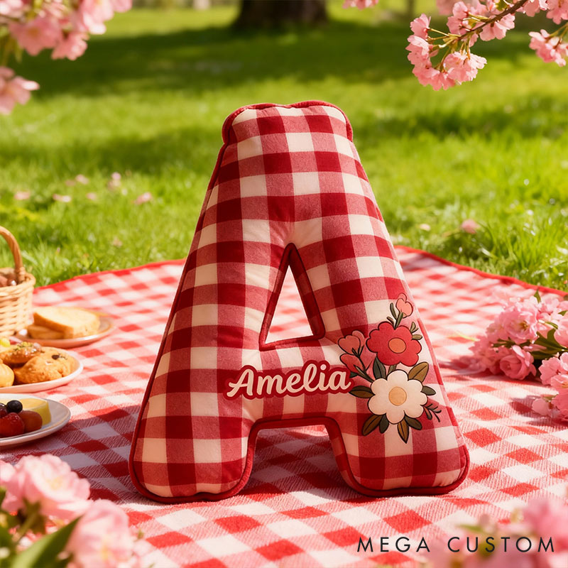 Personalized Red Checkerboard Flower Letter Pillow Initial Flower Throw Pillow Custom Holiday Home Decor Letter Pillow for Flower Girl for Girl friend