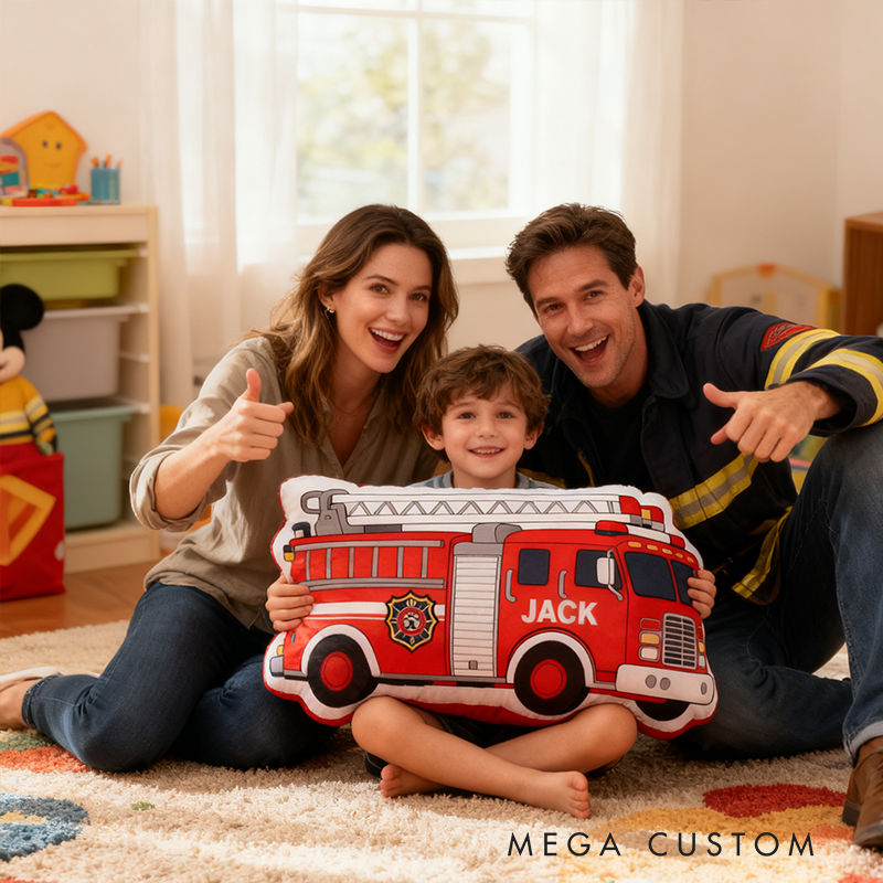 Personalized Fire Truck Pillow Custom Name Shaped Plush Cushion Gift for Firefighters