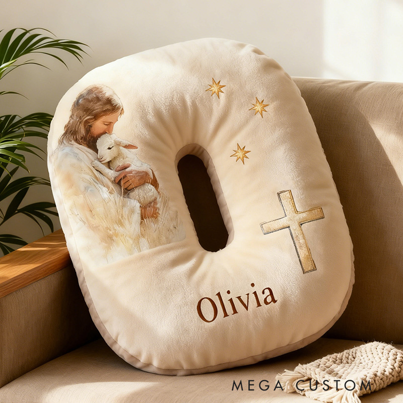 Personalized Jesus Lamb Letter Pillow with Custom Name Religious Home Decor Christian Gift Faith Prayer Gift Graphic 3D Print Pillow 