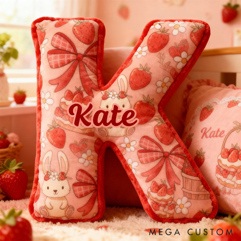 Personalized Strawberry Rabbit Letter Pillow Initial Rabbit Throw Pillow Custom Holiday Home Decor Letter Pillow for Flower Girl for Girl friend