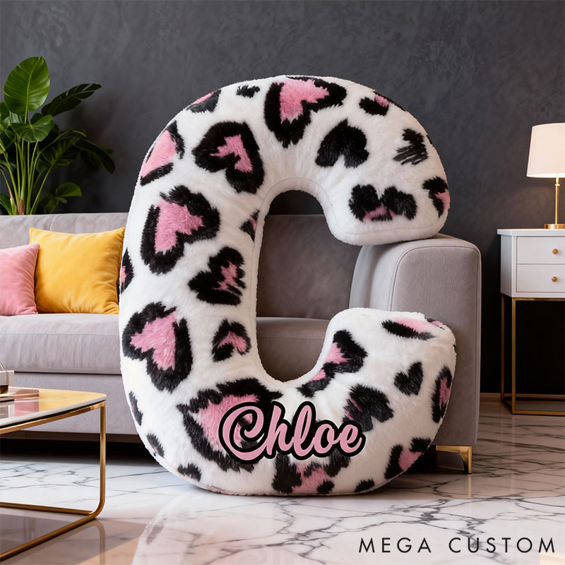 Personalized Pink Heart Leopard Letter Pillow with Name Initial Throw Pillow Custom Holiday Home Decor Letter Pillow for Girl friend