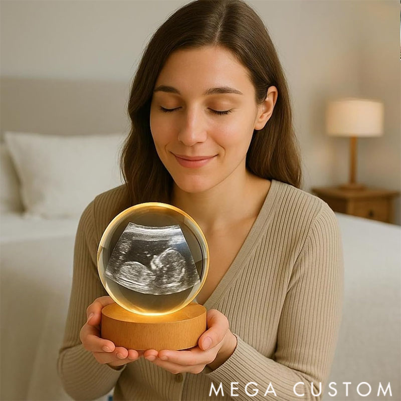 Personalized Crystal Ball Night Light, Custom 2D Photo Ultrasound Picture Frames, Luminous Wooden Base