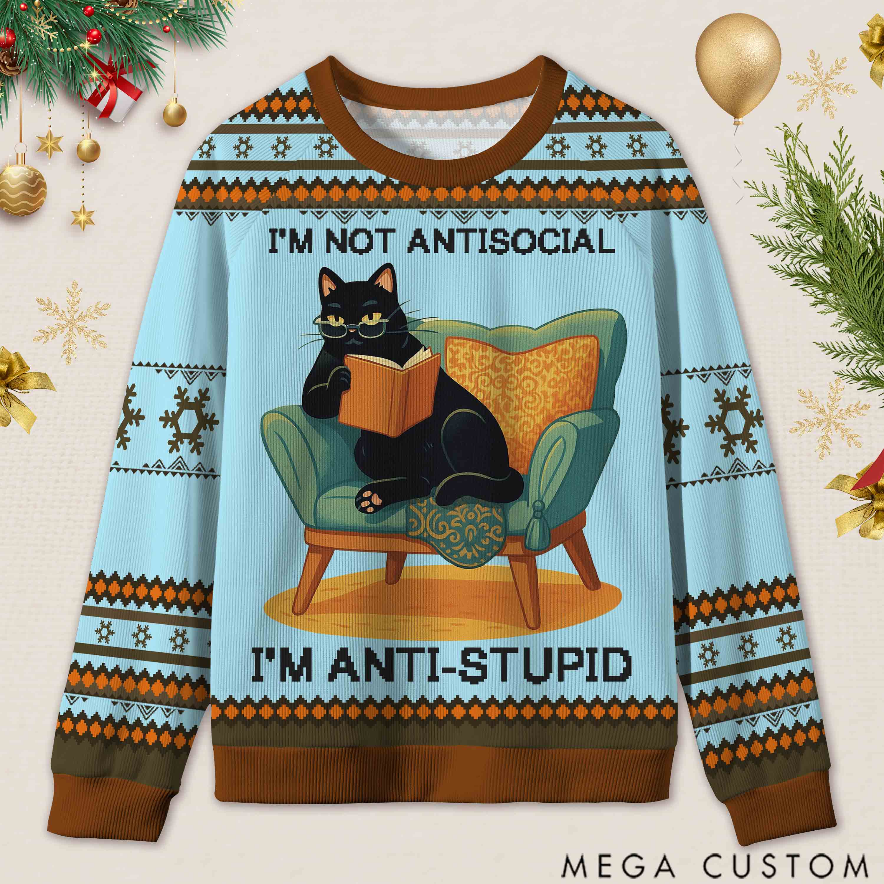 Personalized Wise Bookish Cat Reading Ugly Sweater Holiday Gift for Book Lovers