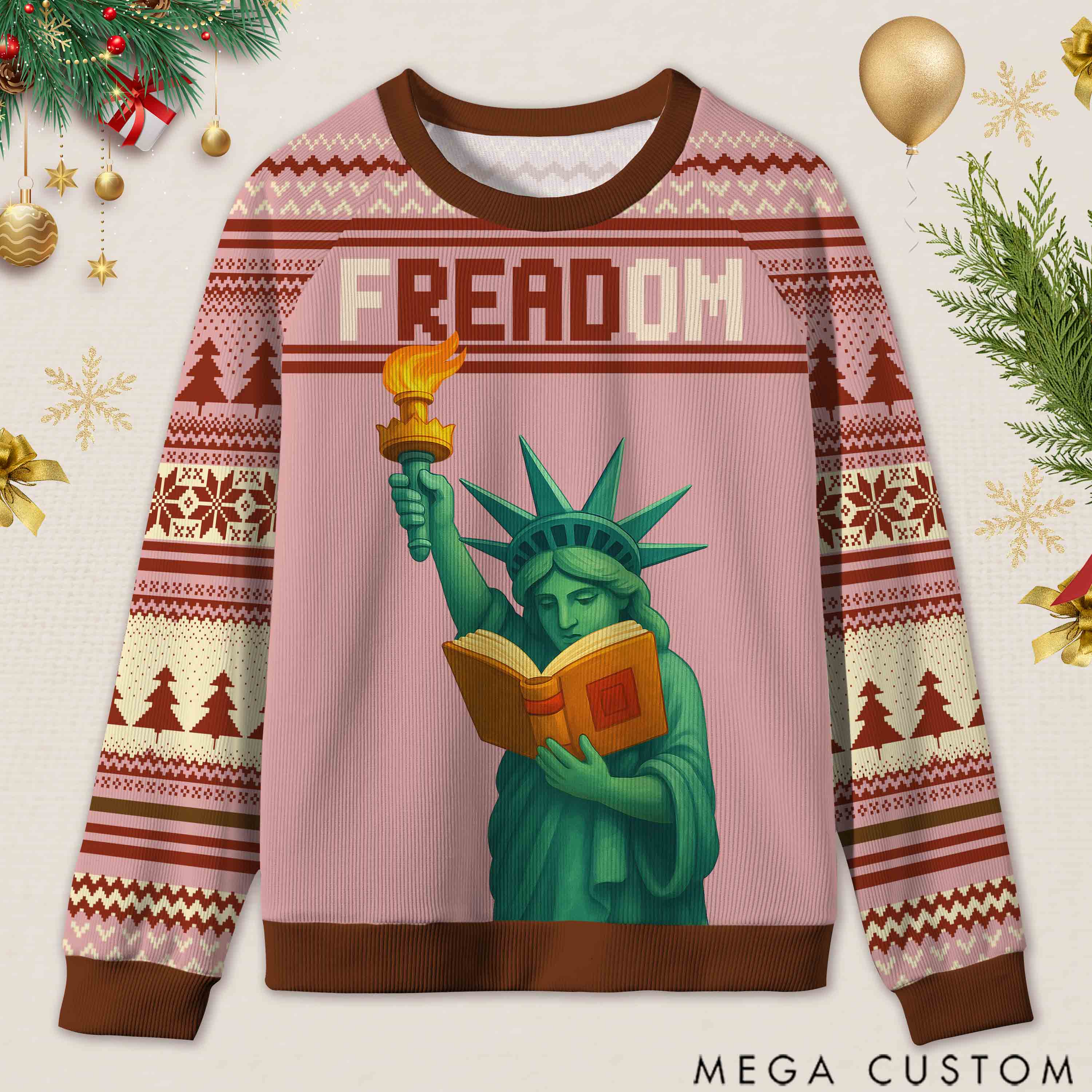 Personalized Reading Freedom Statue Fun Ugly Sweater Holiday Gift for Book Lovers