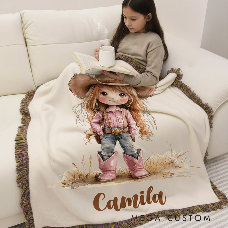 Personalized Cartoon Cowboy Cowgirl Tassel Soft Throw Blanket with Name Home Decor Birthday Gift for Kids Cowboy Lovers