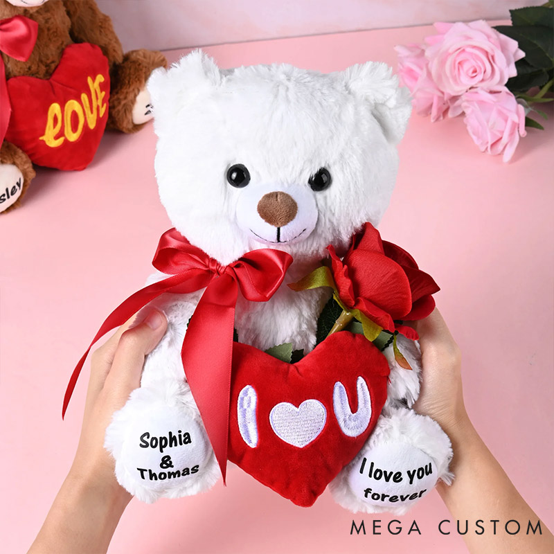 Personalized Couple I Love You Red Heart Bow Stuffed Bear with Name Stuffed Plush Bear Toy with Custom Text Valentines Day Anniversary Gift for Couple