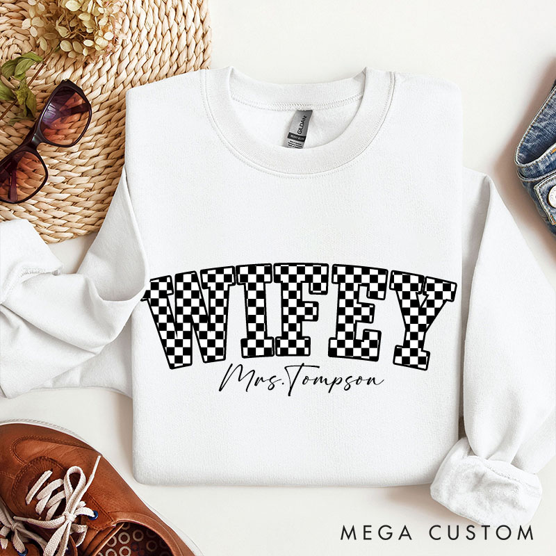 Personalized Checkered Wifey Sweatshirt with Name Custom Black and White Plaid Wifey Sweatshirt for Wife Couple Valentines Gift for Her