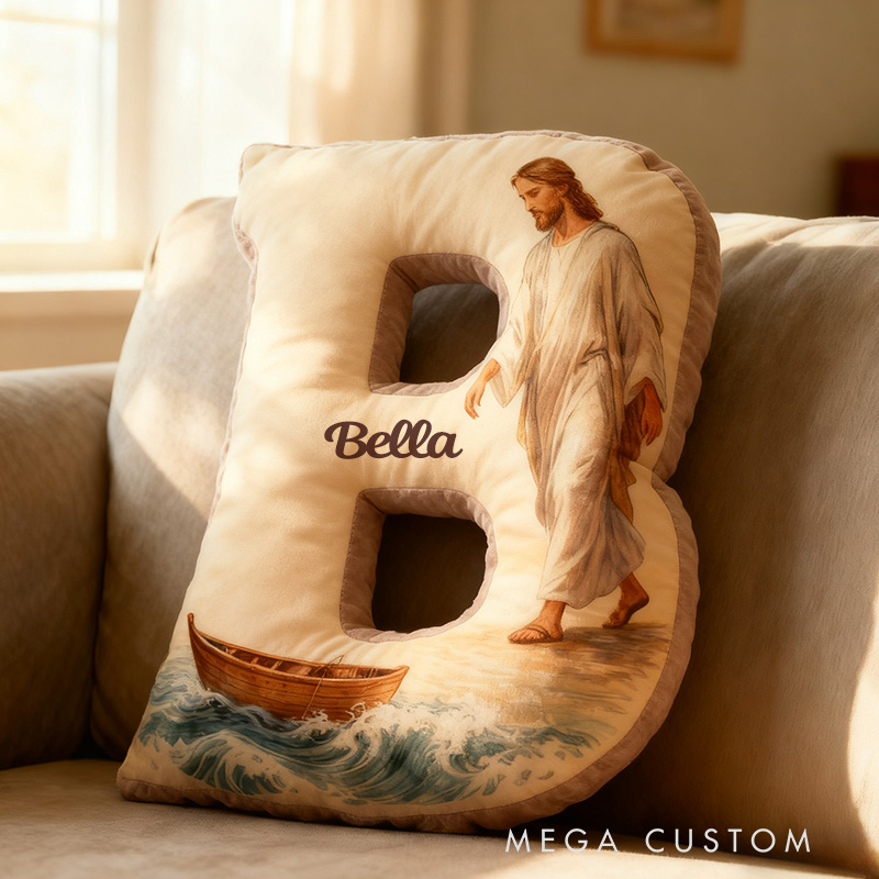 Personalized Jesus Walks on Water Letter Pillow with Custom Name Religious Home Decor Christian Gift Faith Prayer Gift Graphic 3D Print Pillow 