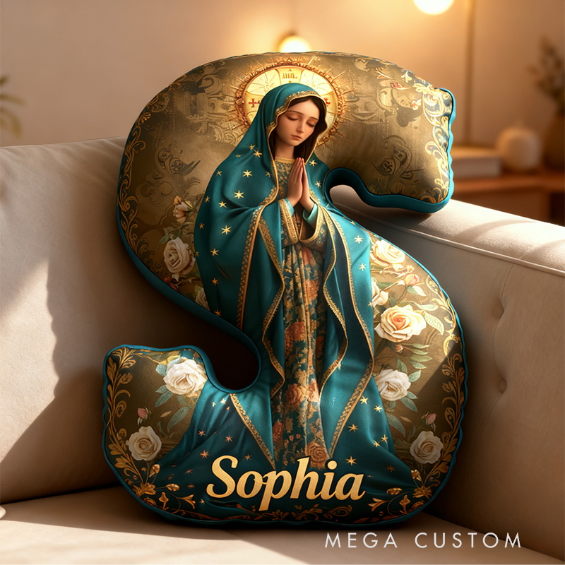 Personalized Sacred Heart Virgin Mary Holy Mother Letter Pillow with Custom Name Religious Home Decor Catholic Gift for Women Graphic 3D Print Pillow
