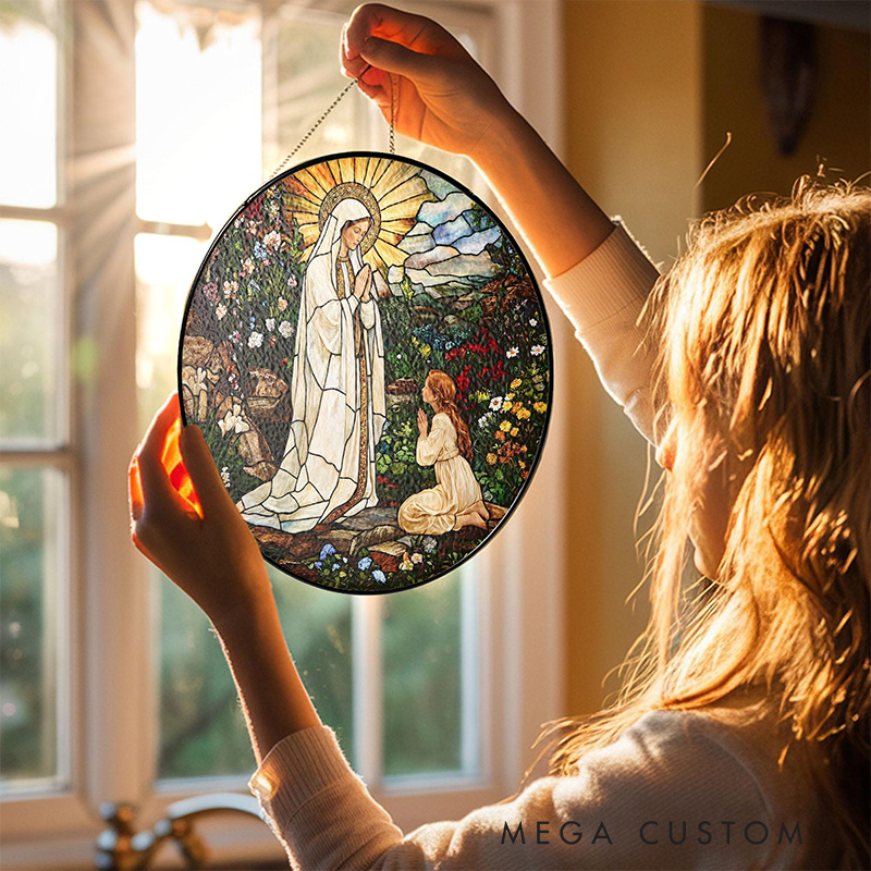 Personalized Our Lady of Lourdes Stained Glass Suncatcher Ornament with Name Window Hanging Decor Virgin Mary Art Religious Gift Catholic Gift