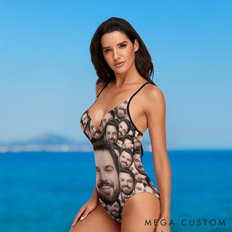 Personalized Man Face Photo Women One-Piece Swimsuit Custom Women Girlfriend Wife Swimsuit Valentines Day Gift for Her Summer Vacation Beach Essential