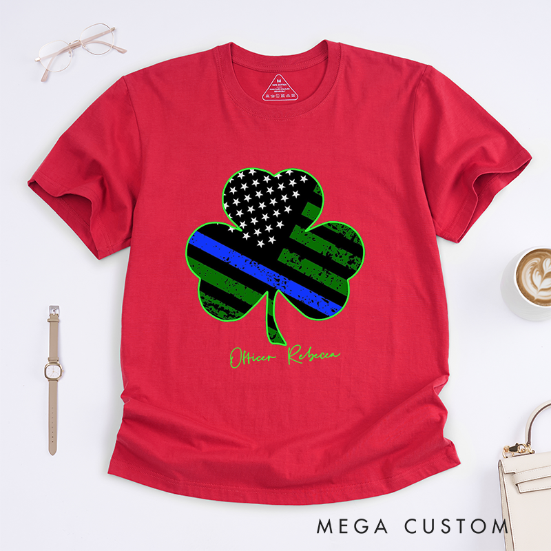 Personalized Thin Blue Line Shamrock Police Design Gift for Policewoman Police Officer T-Shirt