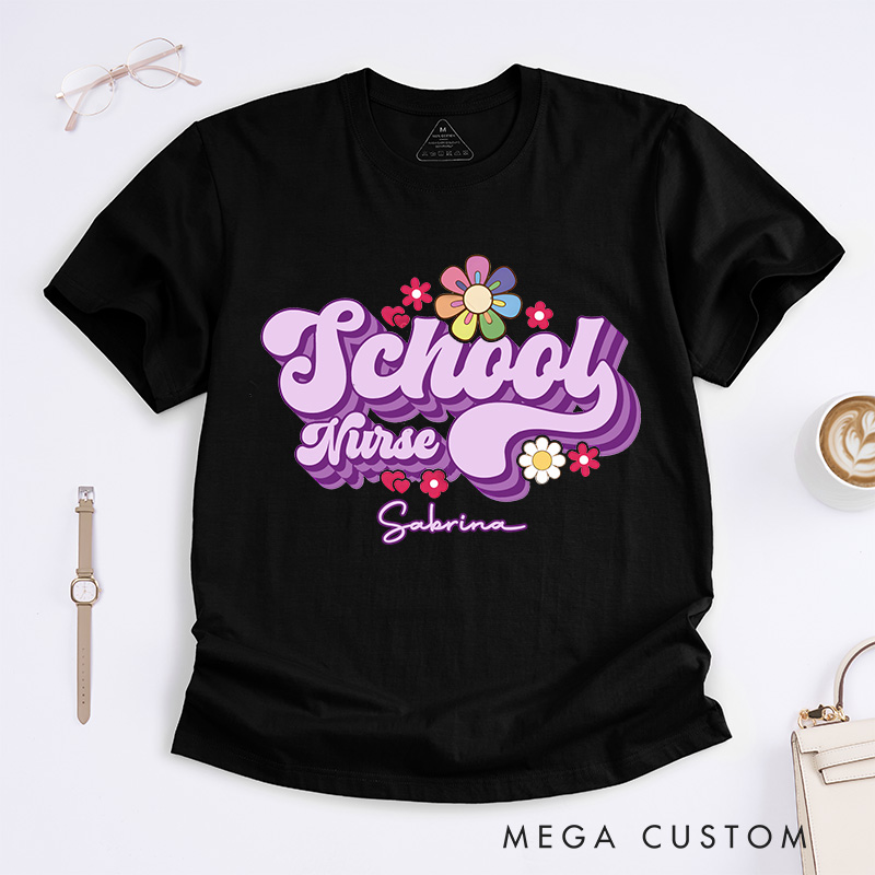 Personalized Nurse T-Shirts School Nurse Blossoms of Care Fashion Design T-Shirts