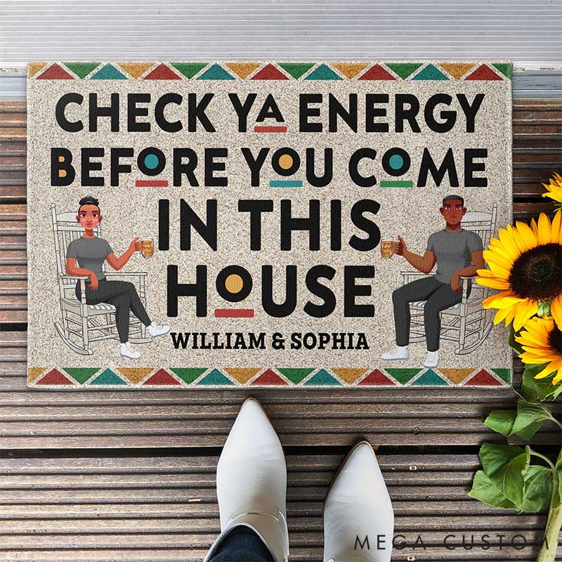 Personalized Check Ya Energy Before You Come In This House Couple Home Doormat with Names Non-Slip Durable Front Door Decor Religious Gift for Couple
