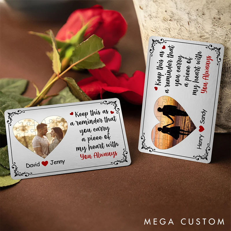Personalized Couple Keep This As A Reminder Puzzle Style Heart Photo Wallet Card with Name Anniversary Valentine's Day Gift for Boyfriend Husband Him