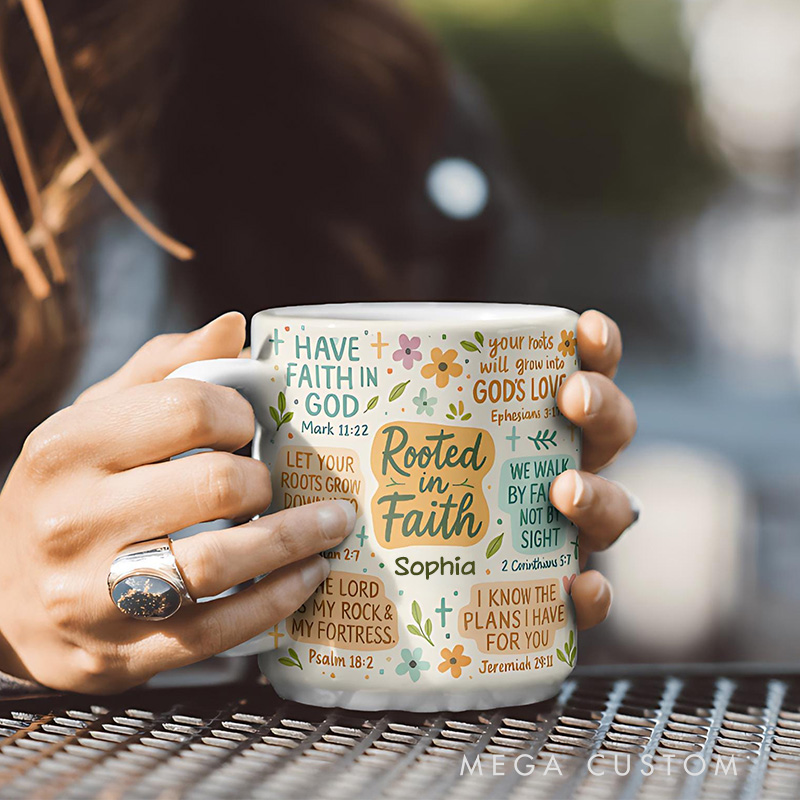 Personalized Rooted in Faith Bible Verse Ceramic Mug with Name Jesus Encouragement Coffee Mug Religious Christian Gift