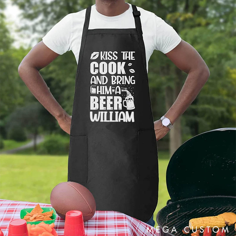 Personalized Couple Kiss The Cook And Bring Him A Beer Grill Apron Funny Apron Gift for Boyfriend Gift for Husband Valentine’s Day Gift for Him