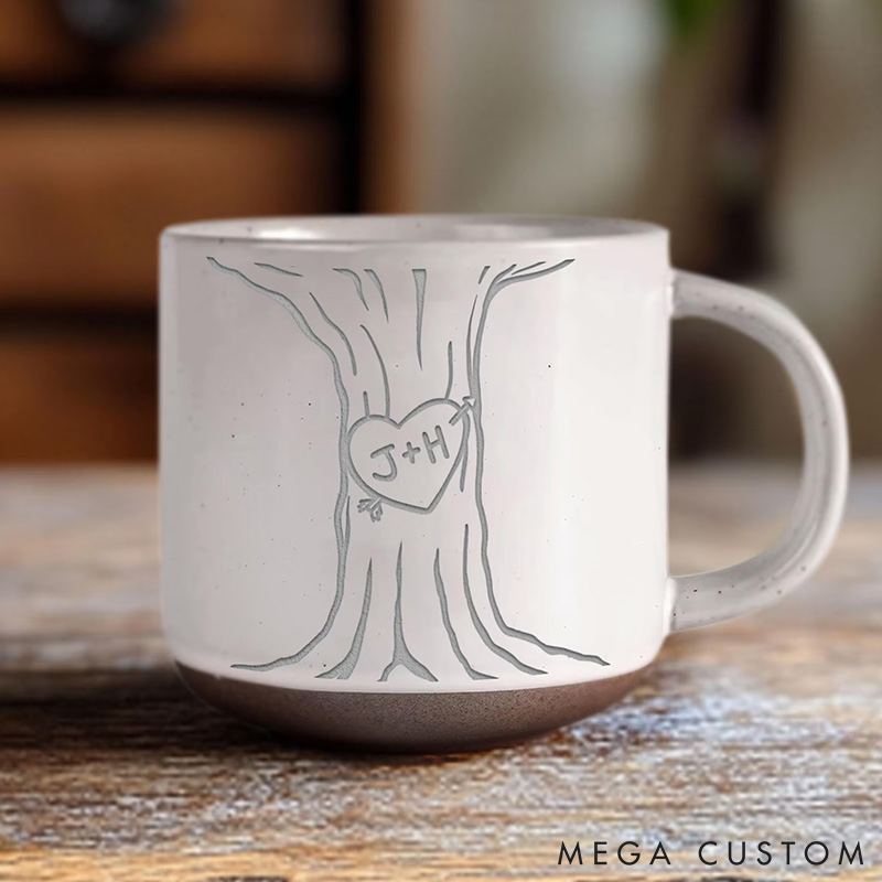 Personalized Carved Initials In A Heart Tree Couple Mug Engraved Couple Pottery Mug Valentine's Day Gift for Couple Him Her Mug for Husband  Wife