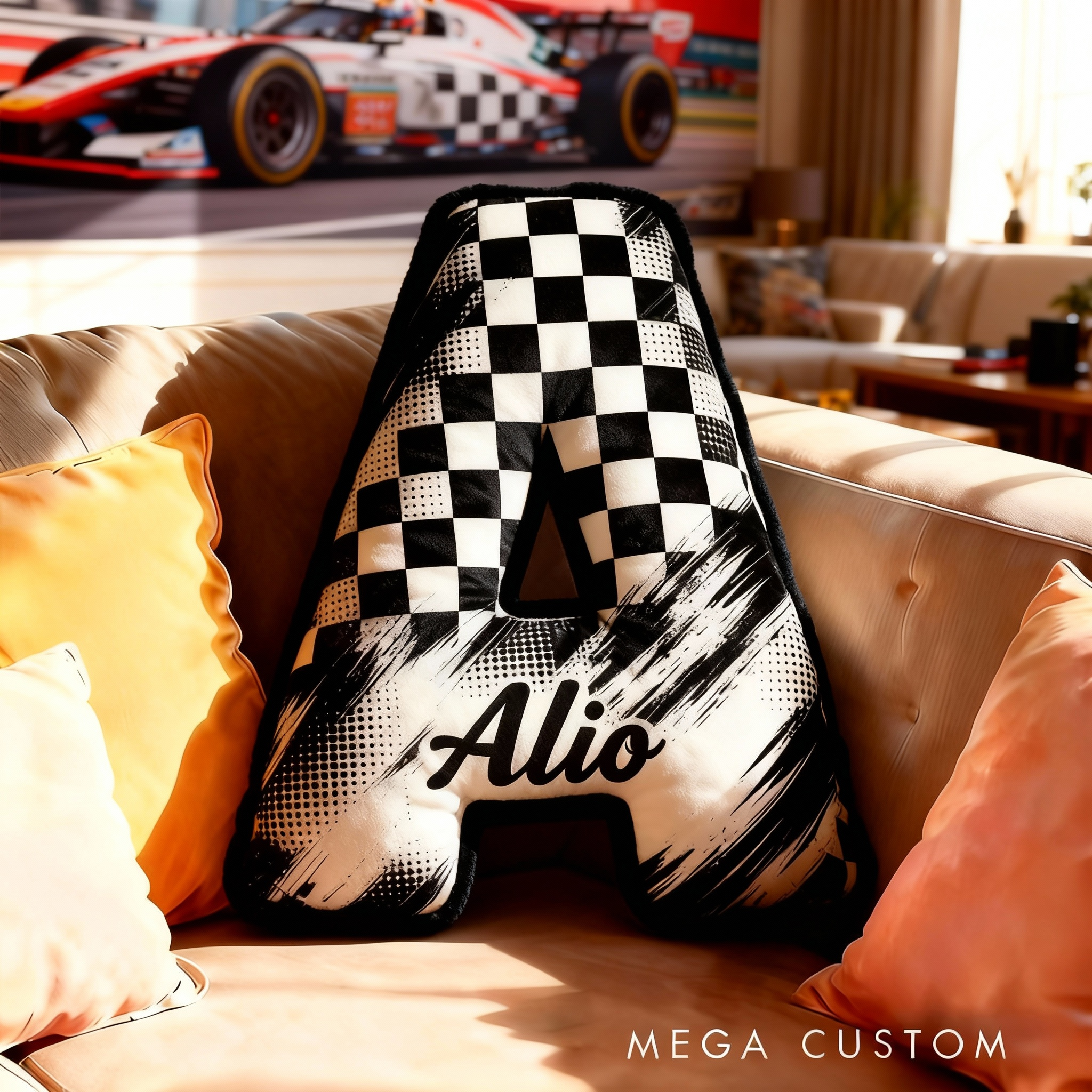 Personalized Racing Checkered Flag Letter Pillow Custom Name Initial Cushion Gift for Racing Lovers and Racers
