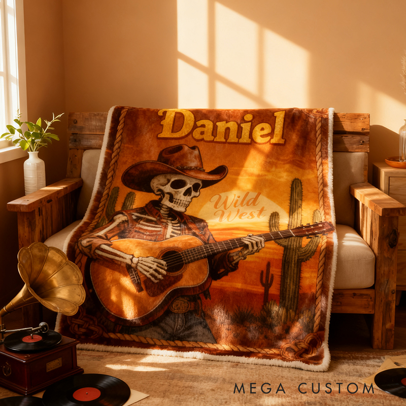 Personalized Wild West Skull Guitar Blanket Flannel Blanket Music Blanket with Name for Him for Husband Boyfriend Son Friends Familys