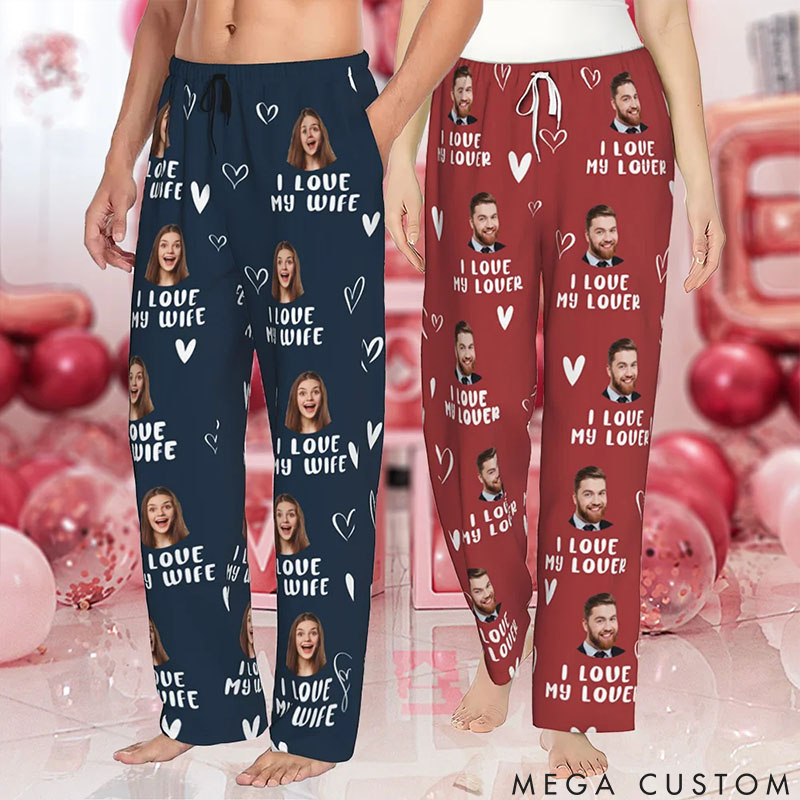 Personalized Valentine's Day Couple Faces Photo Matching Pajama Pants Custom Man Woman Photo Portrait Long Pjs Bottoms Anniversary Gift for Him Her