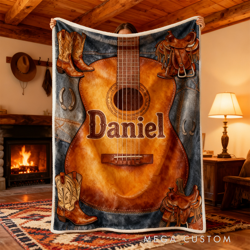 Personalized West Cowboy Guitar Blanket Flannel Blanket Music Blanket with Name for Him for Husband Boyfriend Son Friends Familys