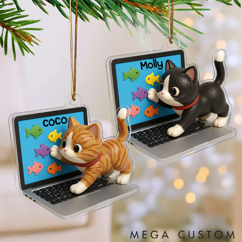 Personalized Cat Lover Mischievous Kitten on Laptop Ornament