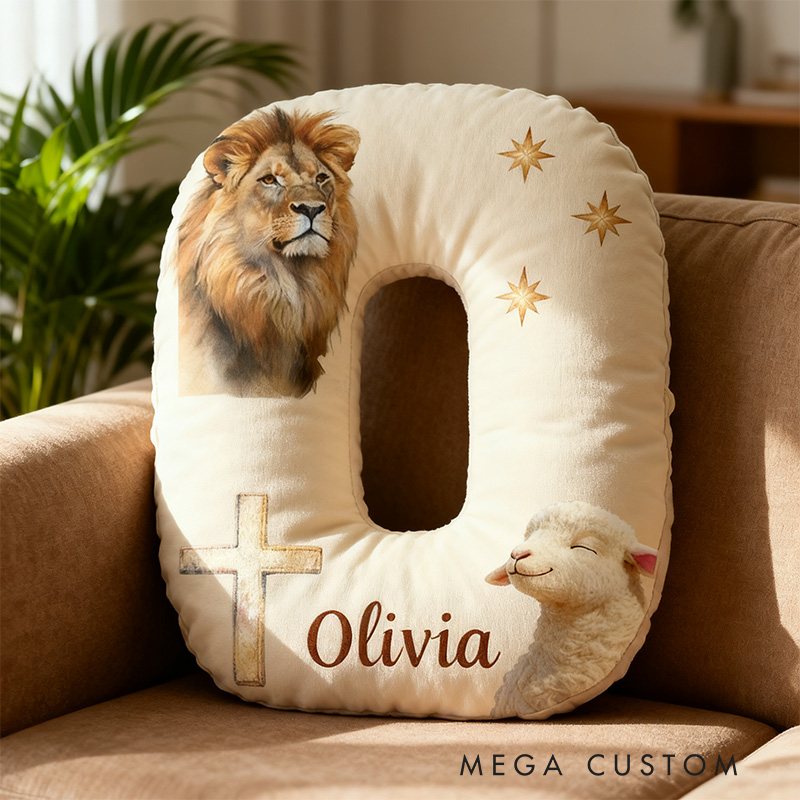 Personalized Lion and Lamb Letter Pillow with Custom Name Religious Home Decor Christian Gift Faith Gift Graphic 3D Print Pillow for Women and Men