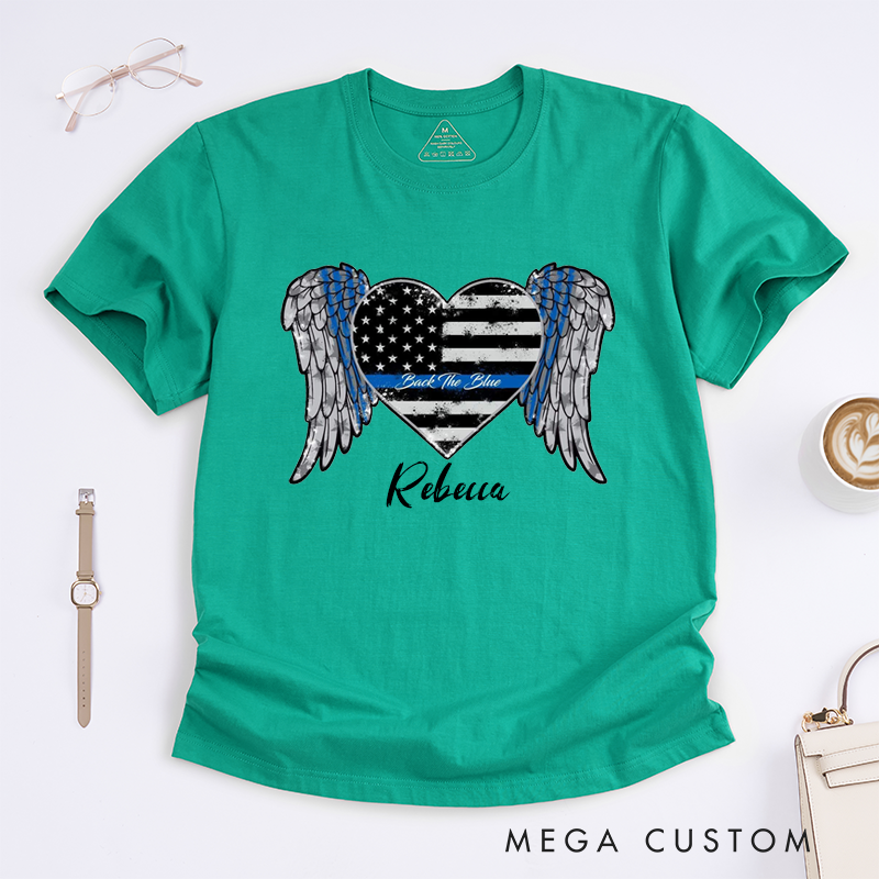Personalized Police Thin Blue Line Heart with Wings Design Gift for Policewoman Police Officer T-Shirt