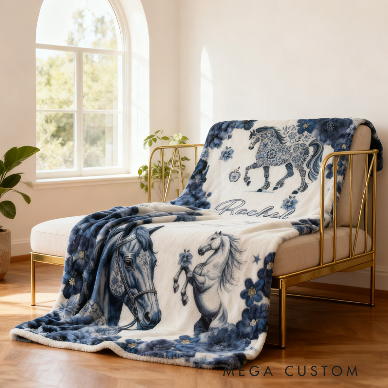 Personalized Riding Blanket Equestrian Horse Custom Name Blue And White Porcelain Decor with French Countryside Gifts Family Blanket for Riding Lovers Equestrian Lovers