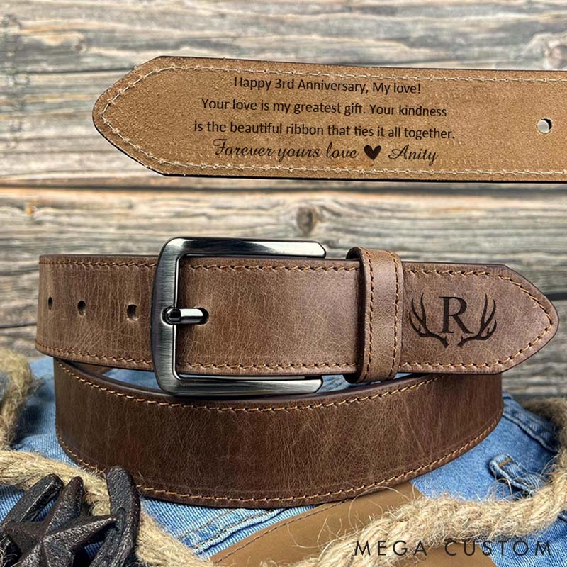 Personalized 3rd Anniversary Leather Belt Custom Husband Boyfriend Belt Valentine's Day Gift Belt for Him Mens Birthday Gift Leather Belt