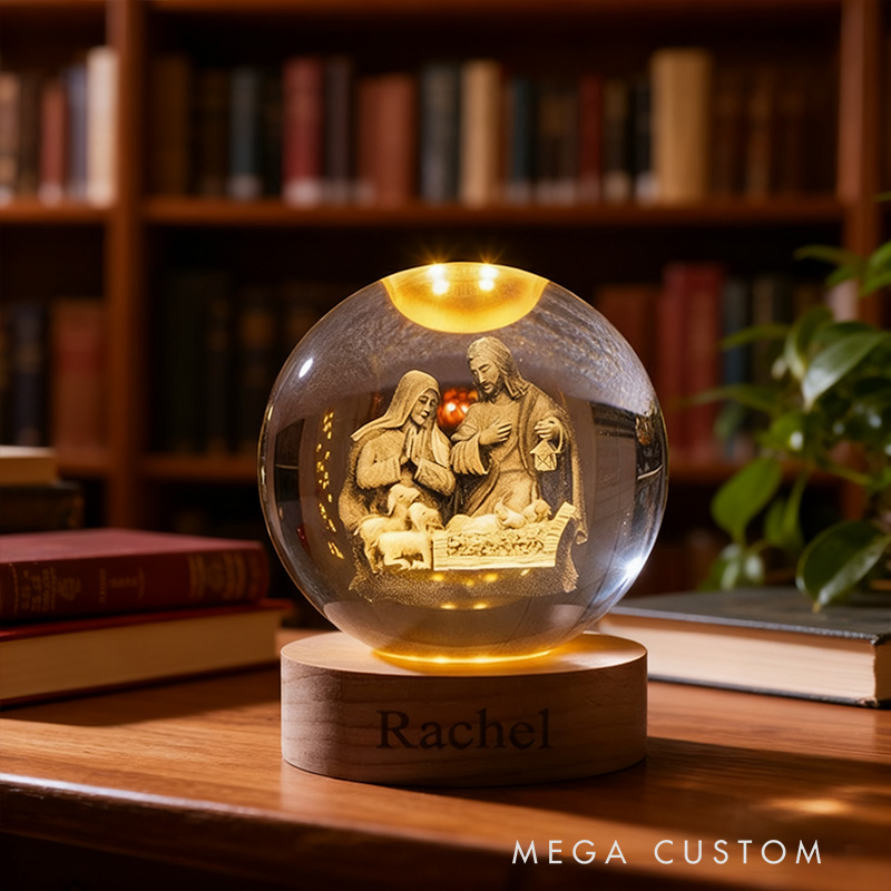 Personalized Nativity Scene 3D Spherical Crystal Lamp With Custom Text Religious Gift Christmas Gift Faith Gift