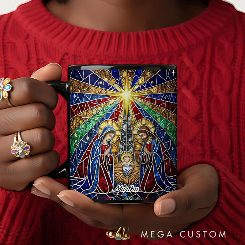 Personalized Stained Glass Nativity Scene Ceramic Mug with Name Religious Gift Christmas Gift for Women and Men