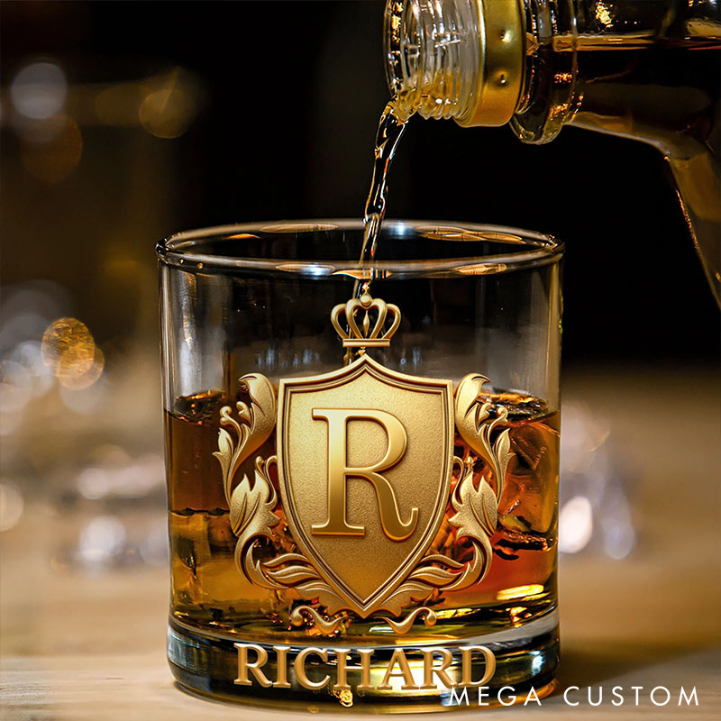 Personalized Rock Old Fashioned Whiskey Glass for Husband Boyfriend Golden 3D Graphic Badge Initial Named Whiskey Glass Birthday Gift for Man
