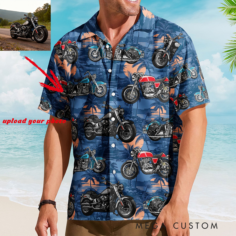 Personalized Vintage Motorcycle Photo Hawaiian Shirt Personalized Biker Shirt for Riders and Motorbike Lovers