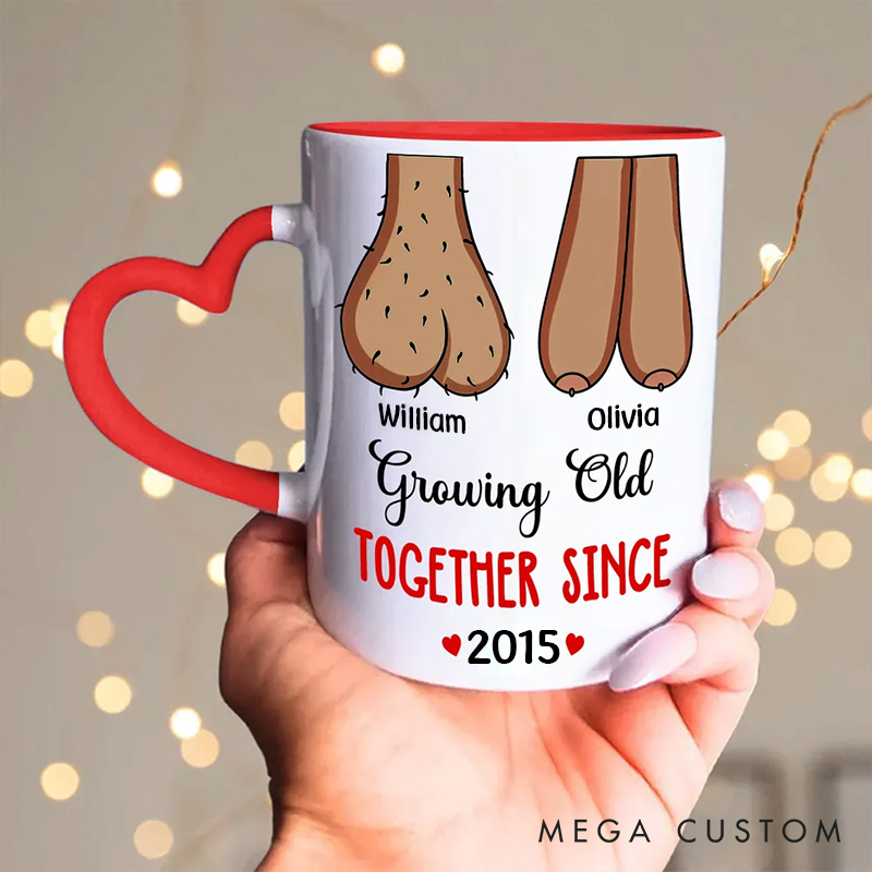 Personalized Heart Handle Mug for Couple Custom Growing Old Together Funny Mug Valentine's Gift Coffee Mug for Husband Wife