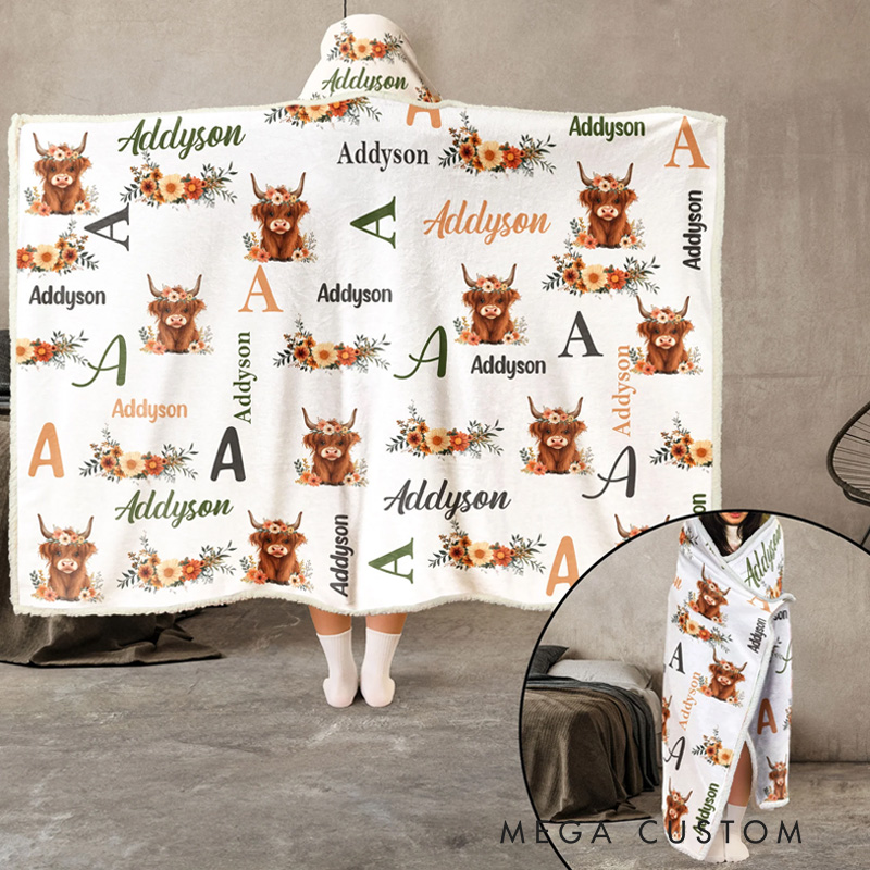 Personalized Flower Cow Blanket Hoodie Custom Wearable Blanket Hoodie with Name for Gardening Lovers Birthday Gift for Gardener