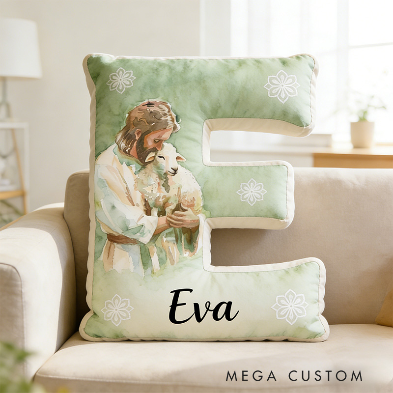 Personalized Jesus and Lamb Green Letter Pillow with Custom Name Religious Home Decor the Lost Sheep Graphic 3D Print Pillow Faith Gift