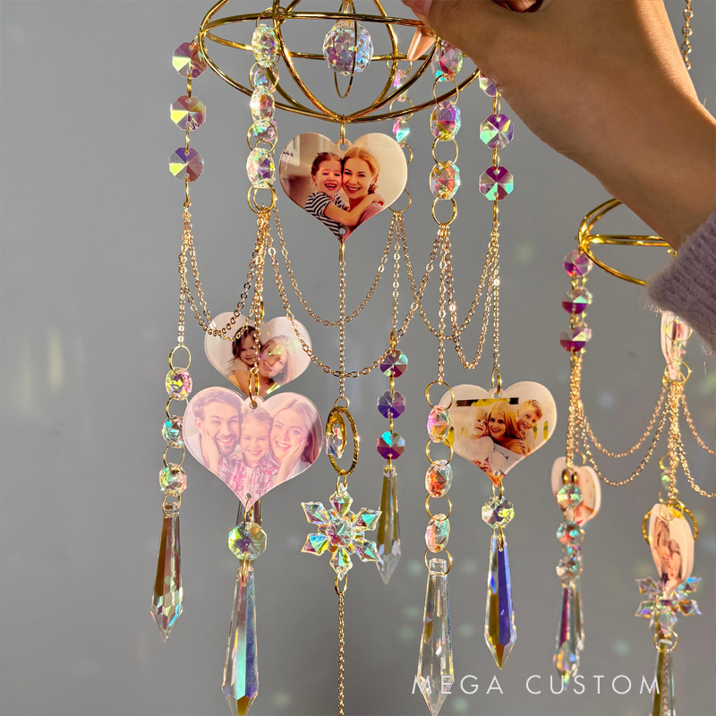 Personalized Photo Heart Suncatcher - Custom Family Photo Wind Chime with Crystal Beads, Decorative Window Hanging Gift