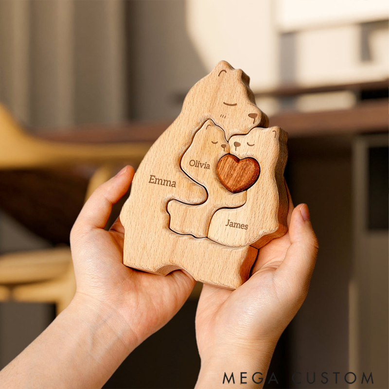 Personalized Wooden Mommy Bear Family Puzzle with Mothers and 1–4 Kids Names Desk Decoration Birthday Anniversary Gift for Family