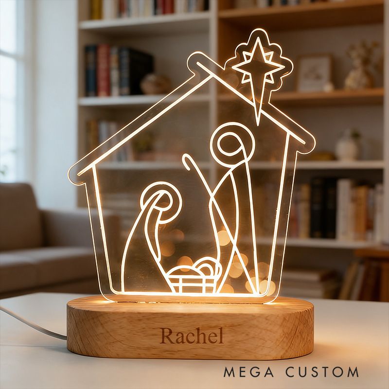 Personalized Nativity Scene LED Night Light with Name Wooden Base Home Decor Religious Gift Christmas Gift for Kid