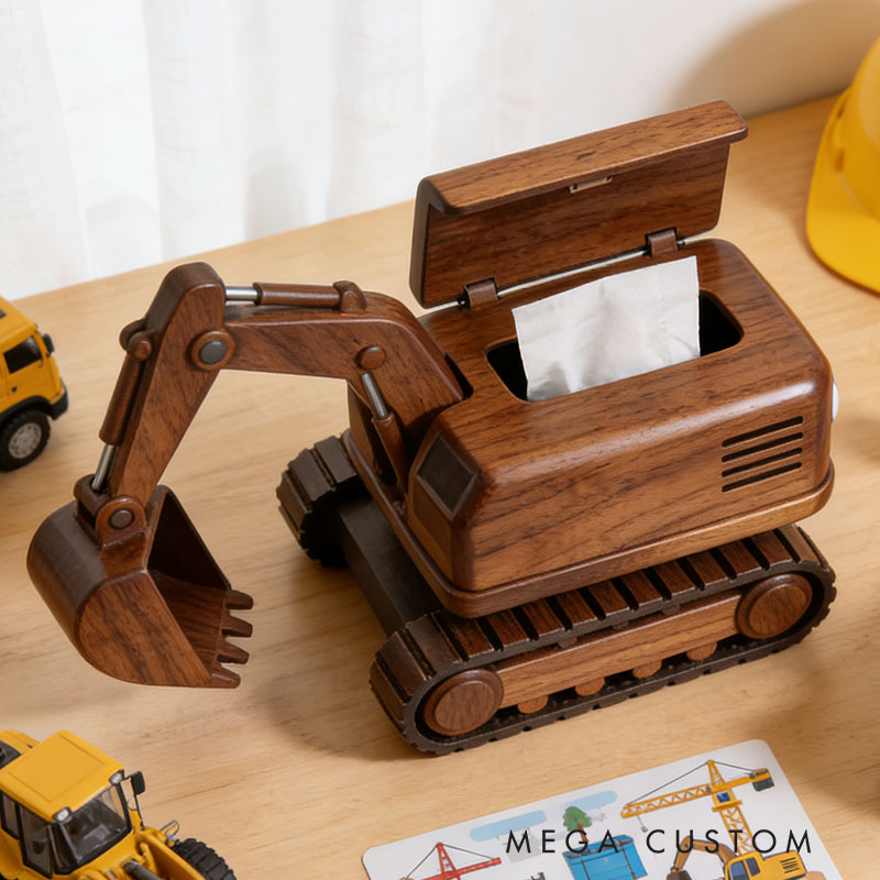 Handmade Wooden Excavator Tissue Box Funny Cartoon Decor