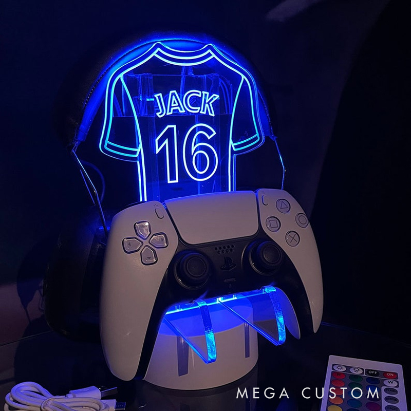Personalized Custom Jersey LED Controller Stand - Personalized Name & Number Gaming Desk Lamp, Controller Holder Gift