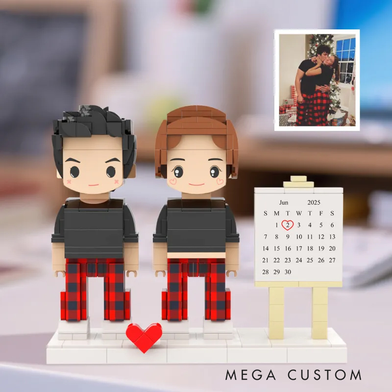 Personalized Custom Couple Brick Figure Set with Calendar - Personalized Photo Minifigure Building Blocks, Valentine’s/Anniversary Gift
