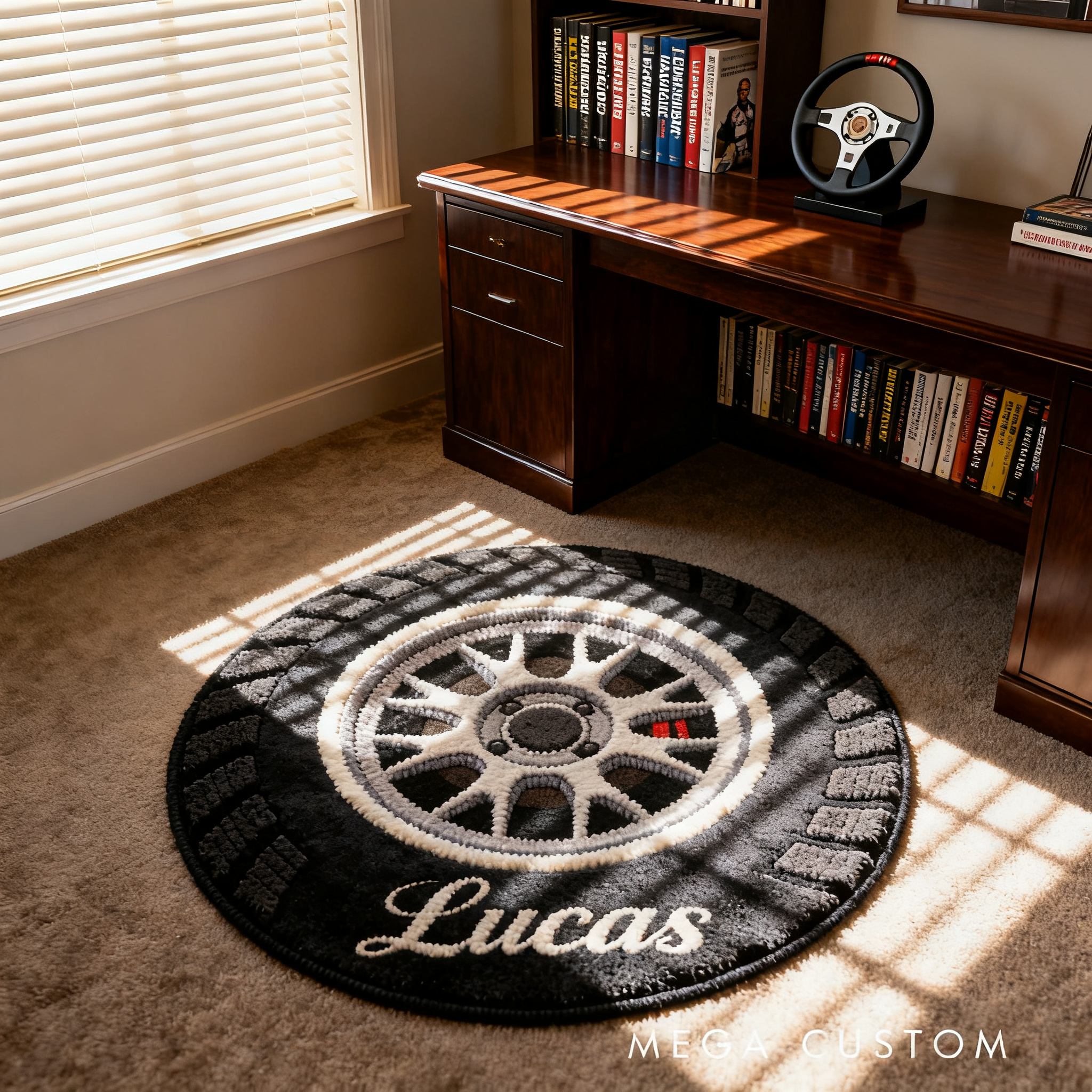 Personalized Racing Wheel Rug Custom Name Car Lover Gift for Garage or Home Decor