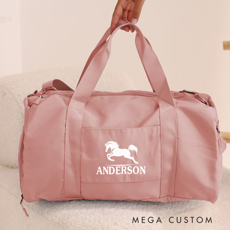 Personalized Name Horse Riding Duffle Bag Waterproof Travel Weekender Bag with Strap Equestrian Overnight Bag Gift for Horse Lovers Riding Lovers Equestrian Lovers