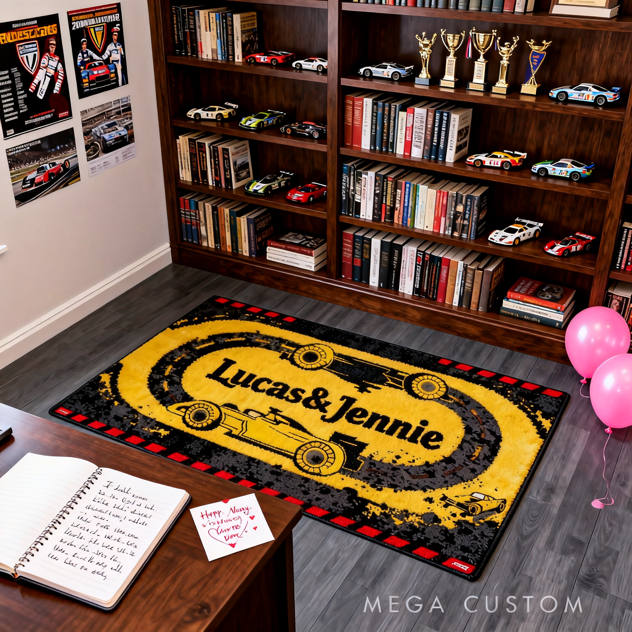 Personalized Racing Couple Rug Custom Name Race Track Design Gift for Car Lovers Home Decor