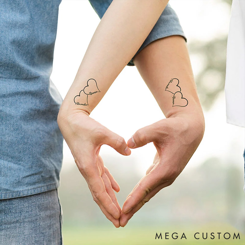 Personalized Couple Hearts Name Temporary Tattoo Custom Bestie Temporary Tattoo Wedding Anniversary Gift Valentines Day Gift for Girlfriend Boyfriend